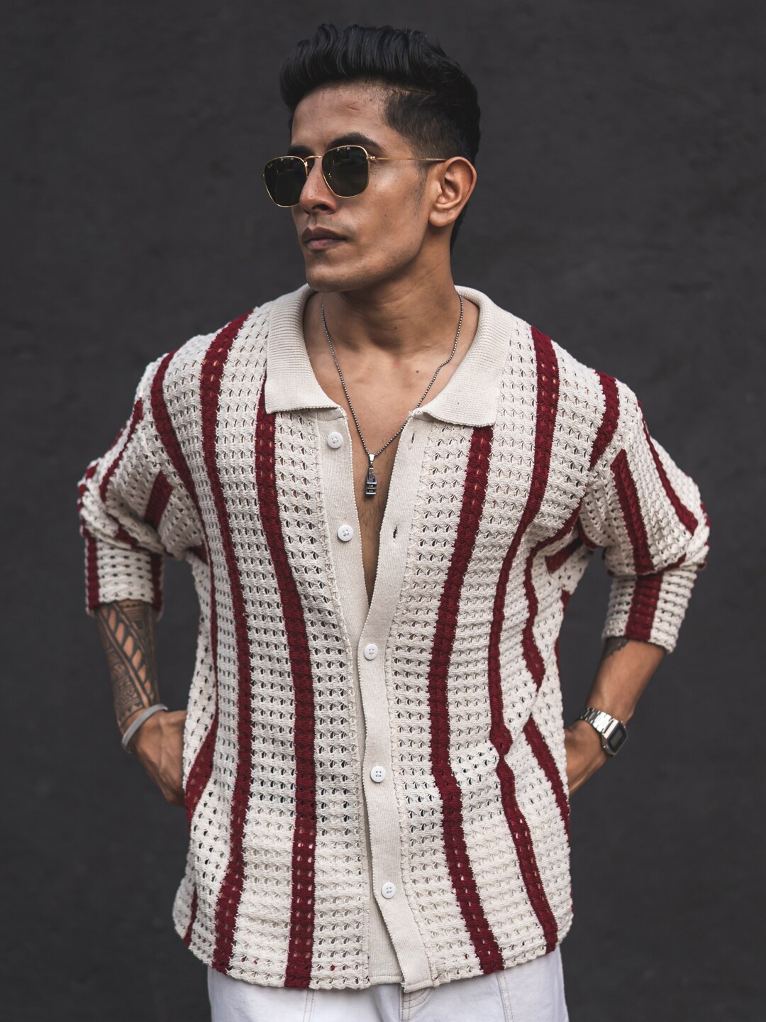 

Powerlook India Slim Striped Oversized Cotton Crochet Shirt, White