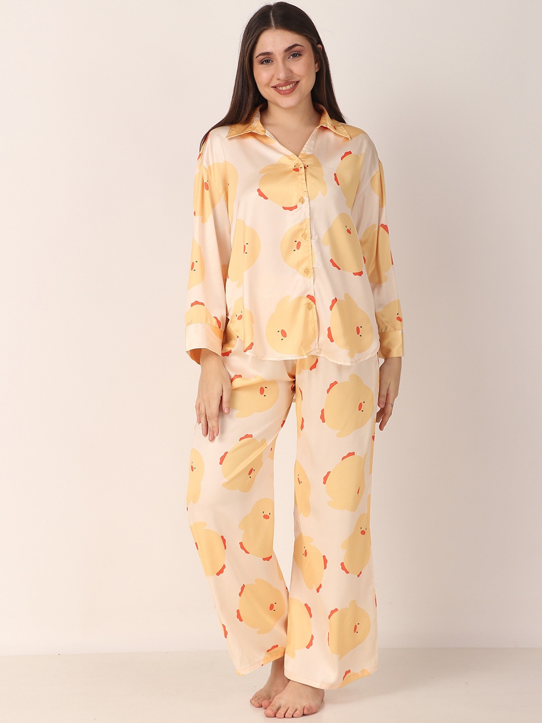 

Masha Conversational Printed Satin Night suit, Yellow
