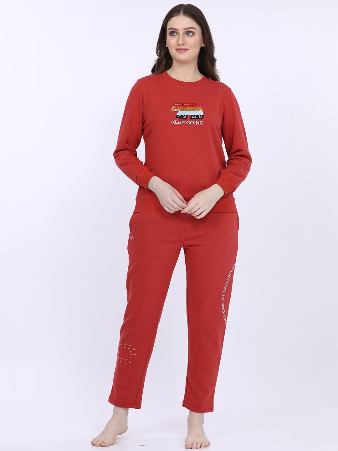 

MAYSIXTY Women Typography Printed Mid Rise Lounge Pant, Red