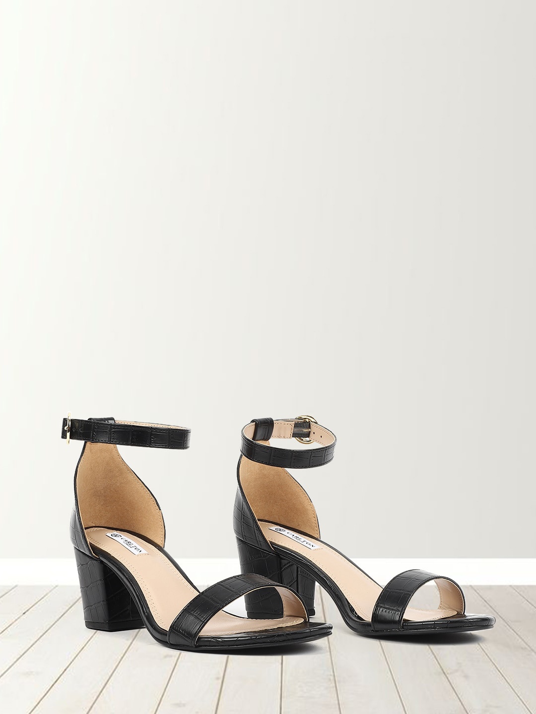 

Carlton London Textured Open Toe Block Heels With Ankle Loop, Black