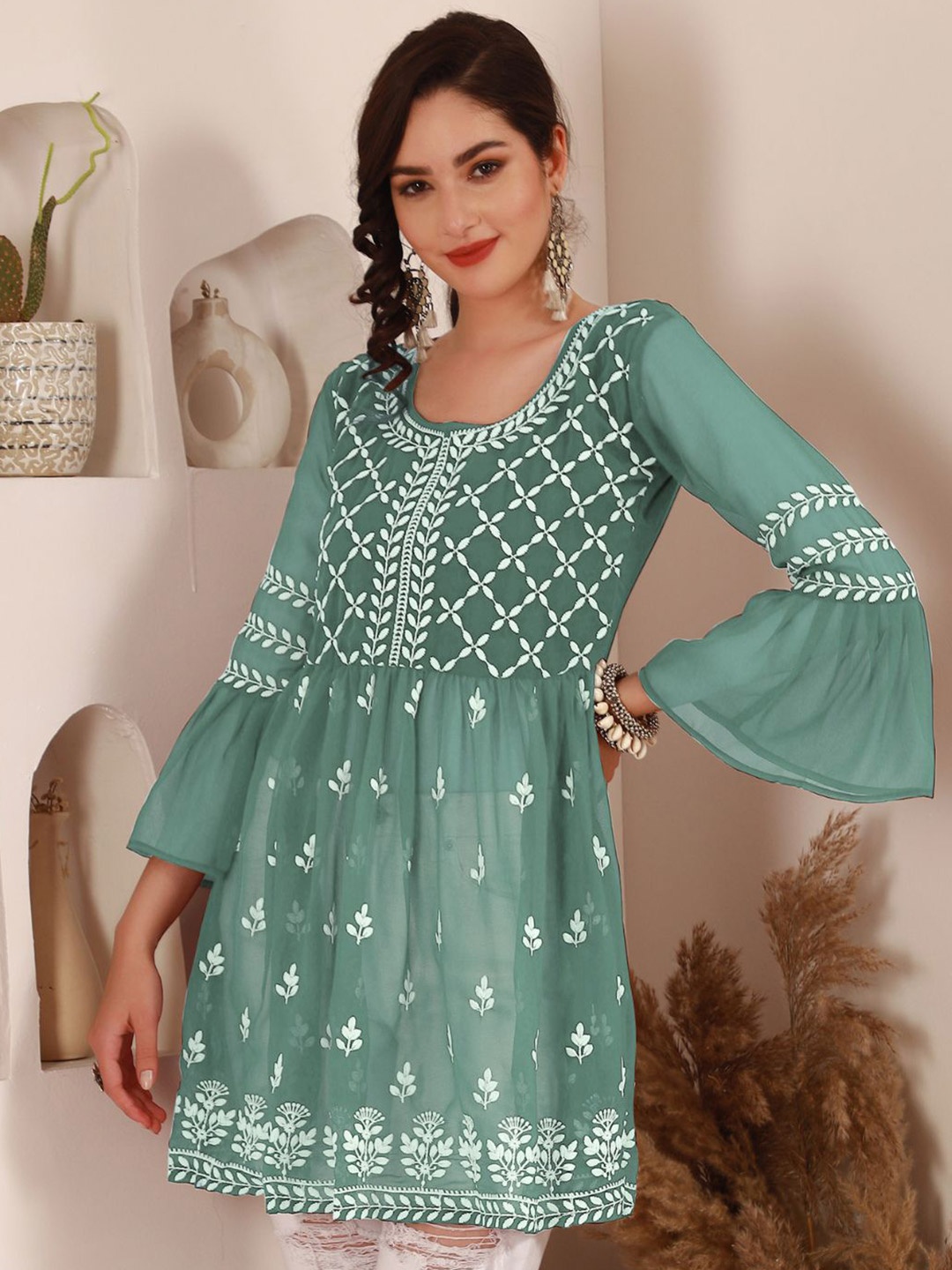 

HERE&NOW Sea Green Floral Embroidered Round Neck Bell Sleeves A-Line Kurti