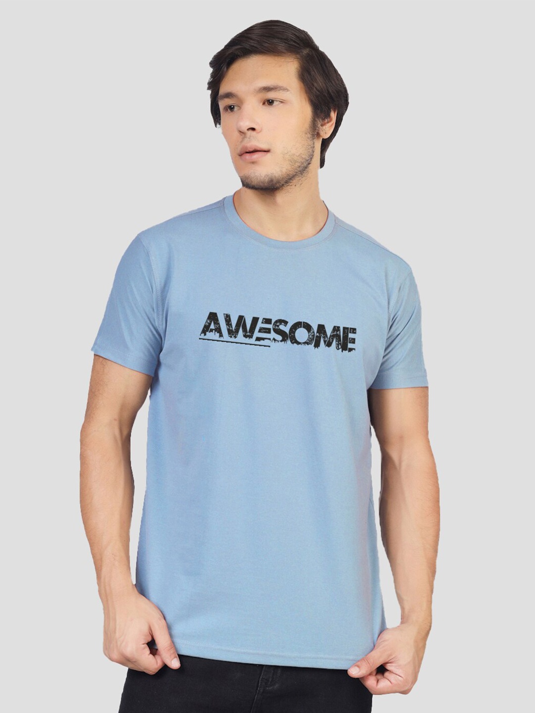 Greylongg Typography Printed Round Neck T-shirt, Blue