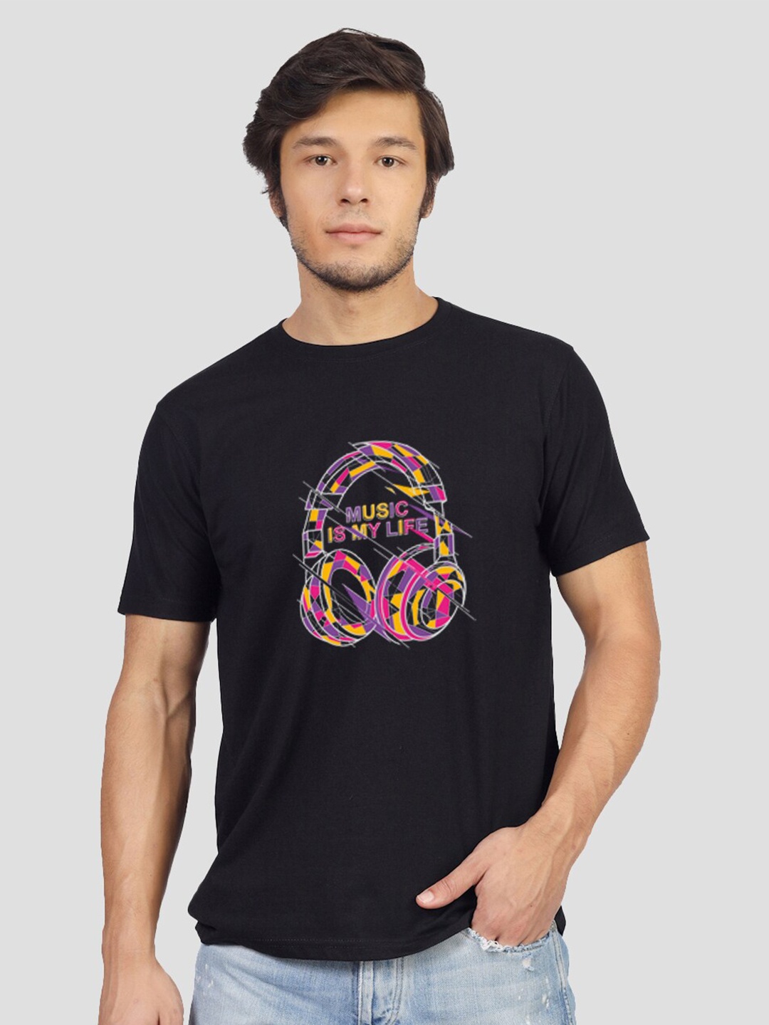 Greylongg Graphic Printed Round Neck T-shirt, Black