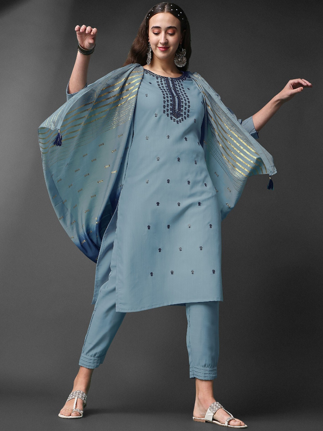 

CLEMIRA Embellished Beads and Stones Straight Kurta & Palazzos With Dupatta, Grey