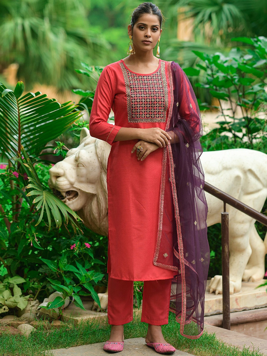 

CLEMIRA Floral Yoke Designed Printed Regular Kurta with Trousers & Dupatta, Orange