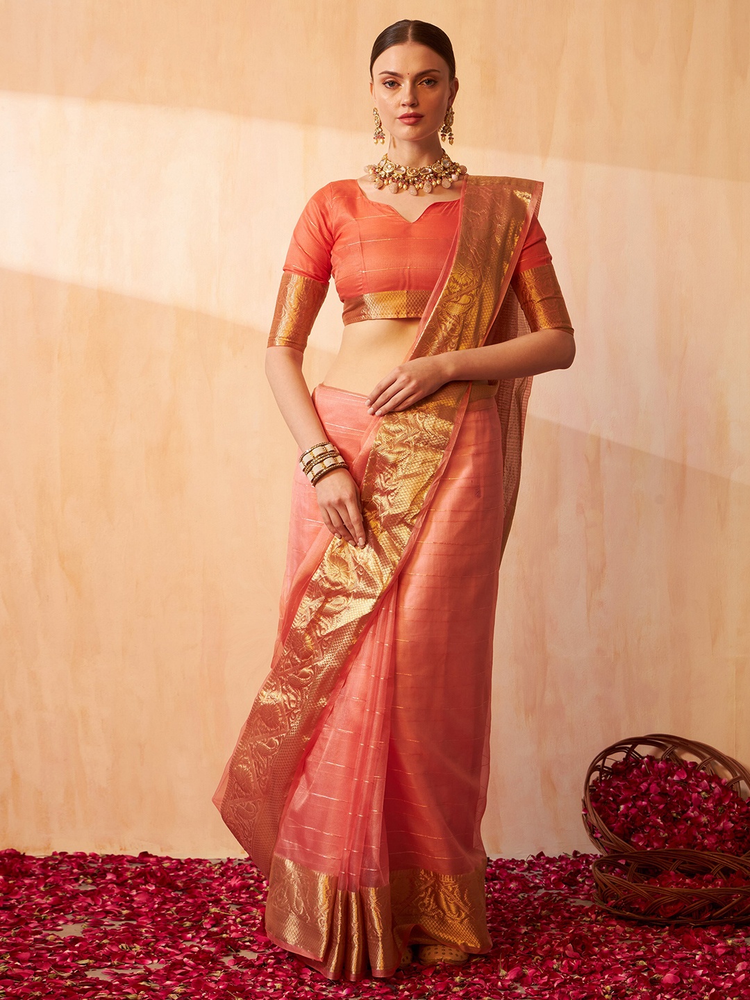 ASPORA Woven Design Zari Organza Handloom Banarasi Saree, Rose gold