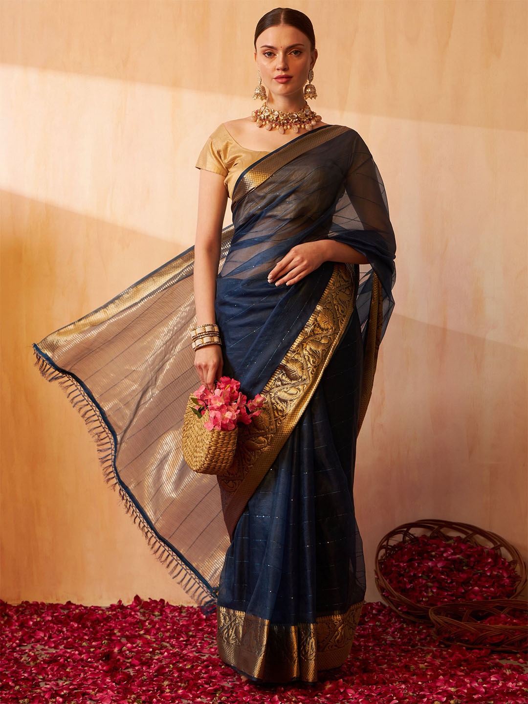 

ASPORA Woven Design Zari Organza Handloom Banarasi Saree, Blue
