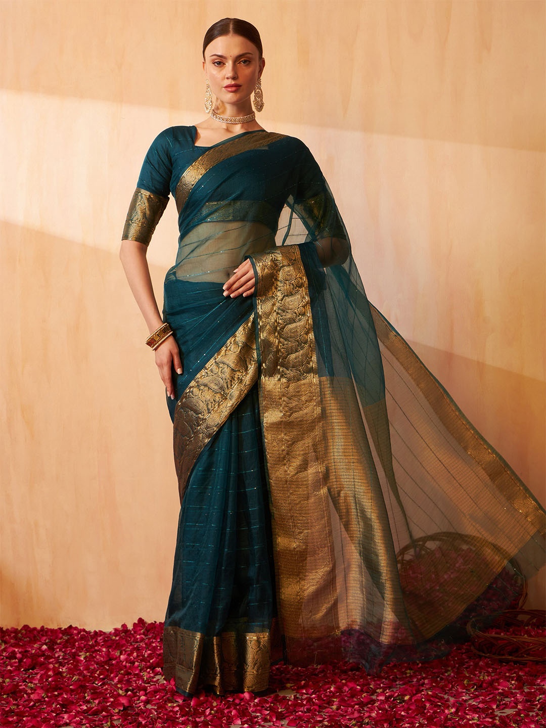 

ASPORA Woven Design Zari Organza Handloom Banarasi Saree, Green