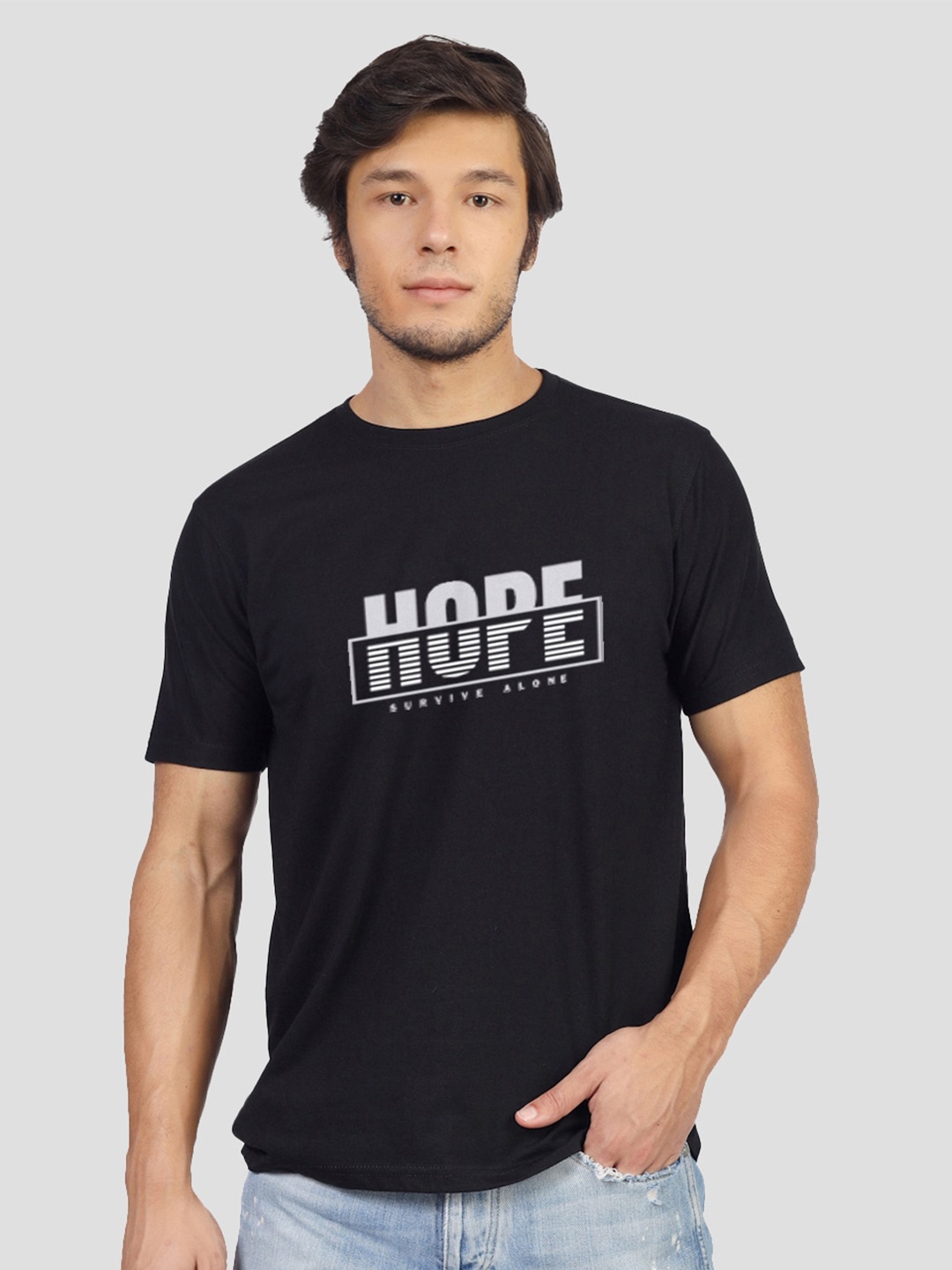 Greylongg Typography Printed Round Neck T-shirt, Black