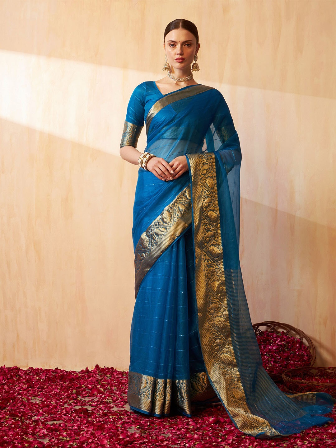 

KALINI Striped Jacquard Banarasi Zari Saree, Teal
