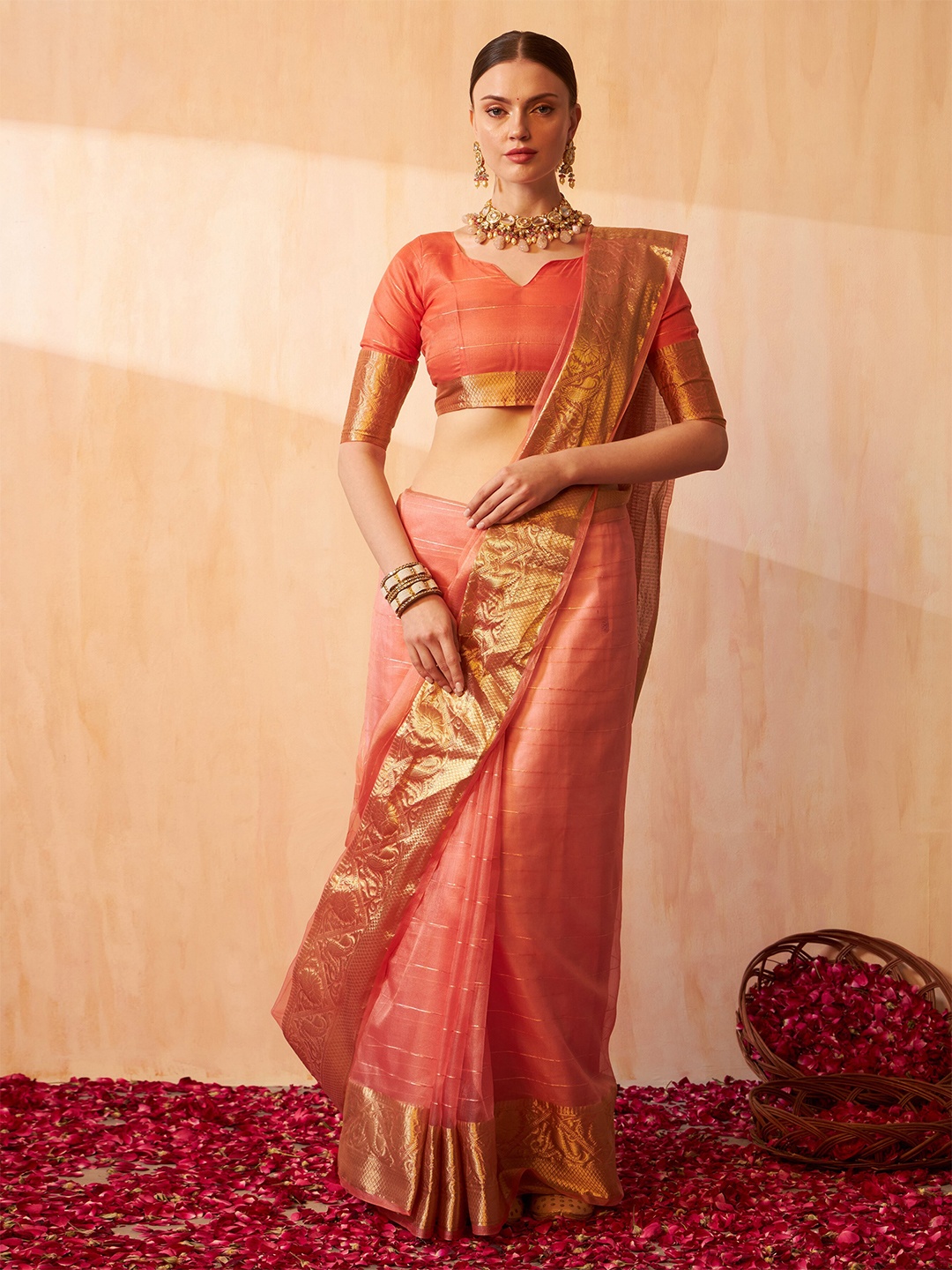 

KALINI Woven Design Zari Banarasi Saree, Rose gold