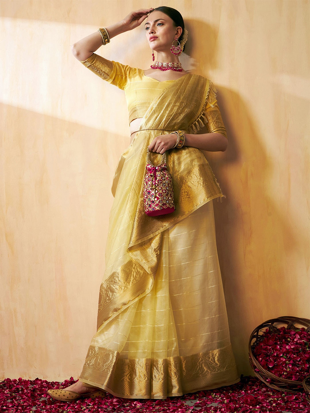 

KALINI Cream & GoldToned Ethnic Woven Design Zari Organza Handloom Banarasi Saree
