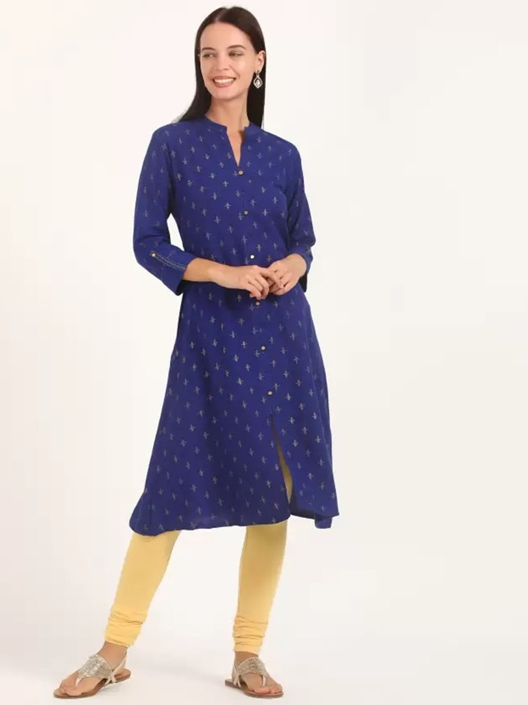 

Span Ethnic Motifs Printed Mandarin Collar Cotton Kurta, Navy blue