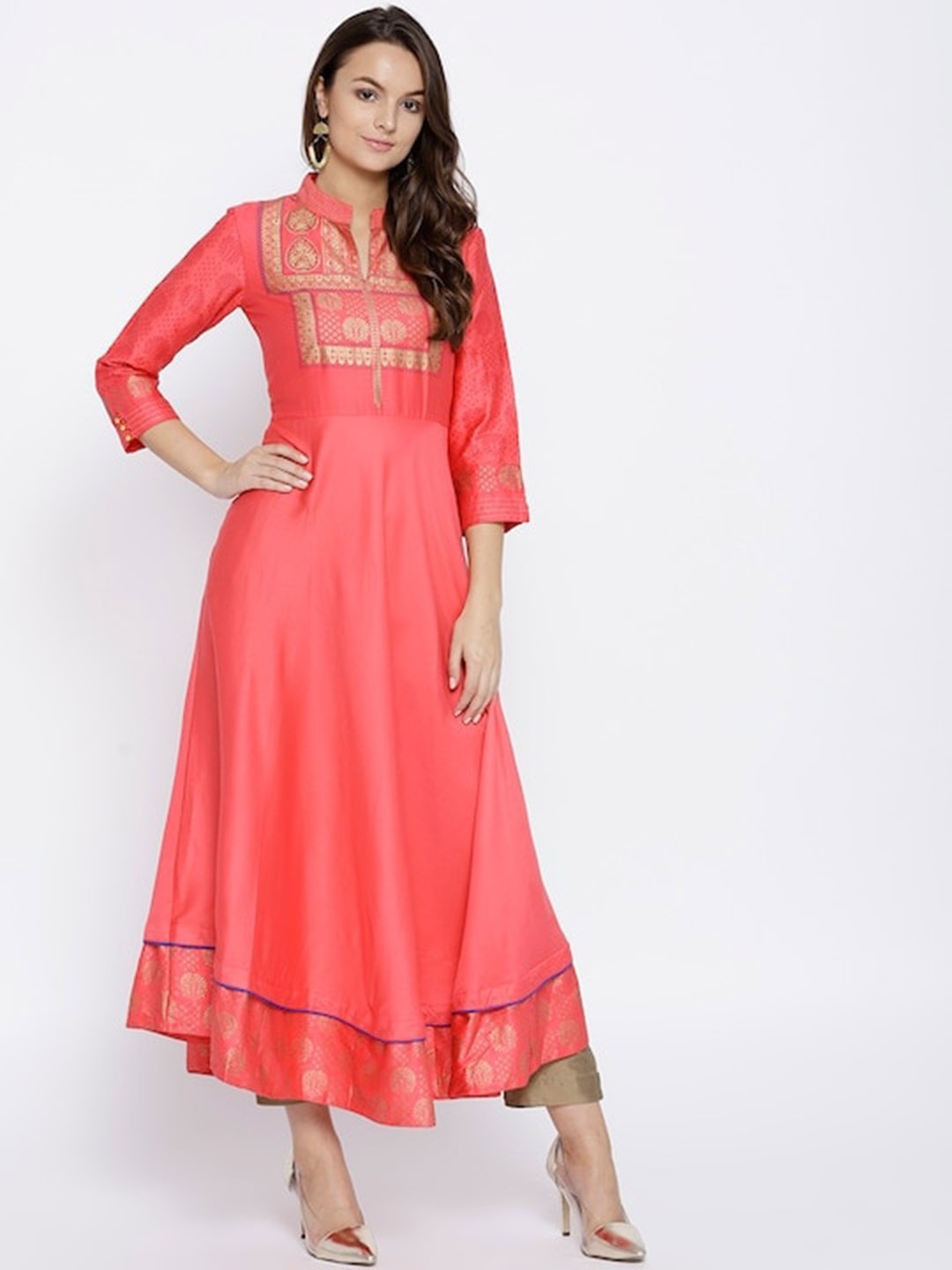 

Span Ethnic Motifs Printed Mandarin Collar Cotton Kurta, Peach