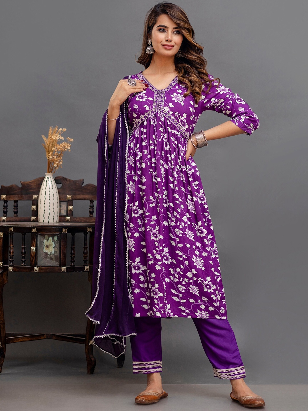 

Shedika Floral Printed V-Neck Sequined Empire Straight Kurta & Palazzos With Dupatta, Purple