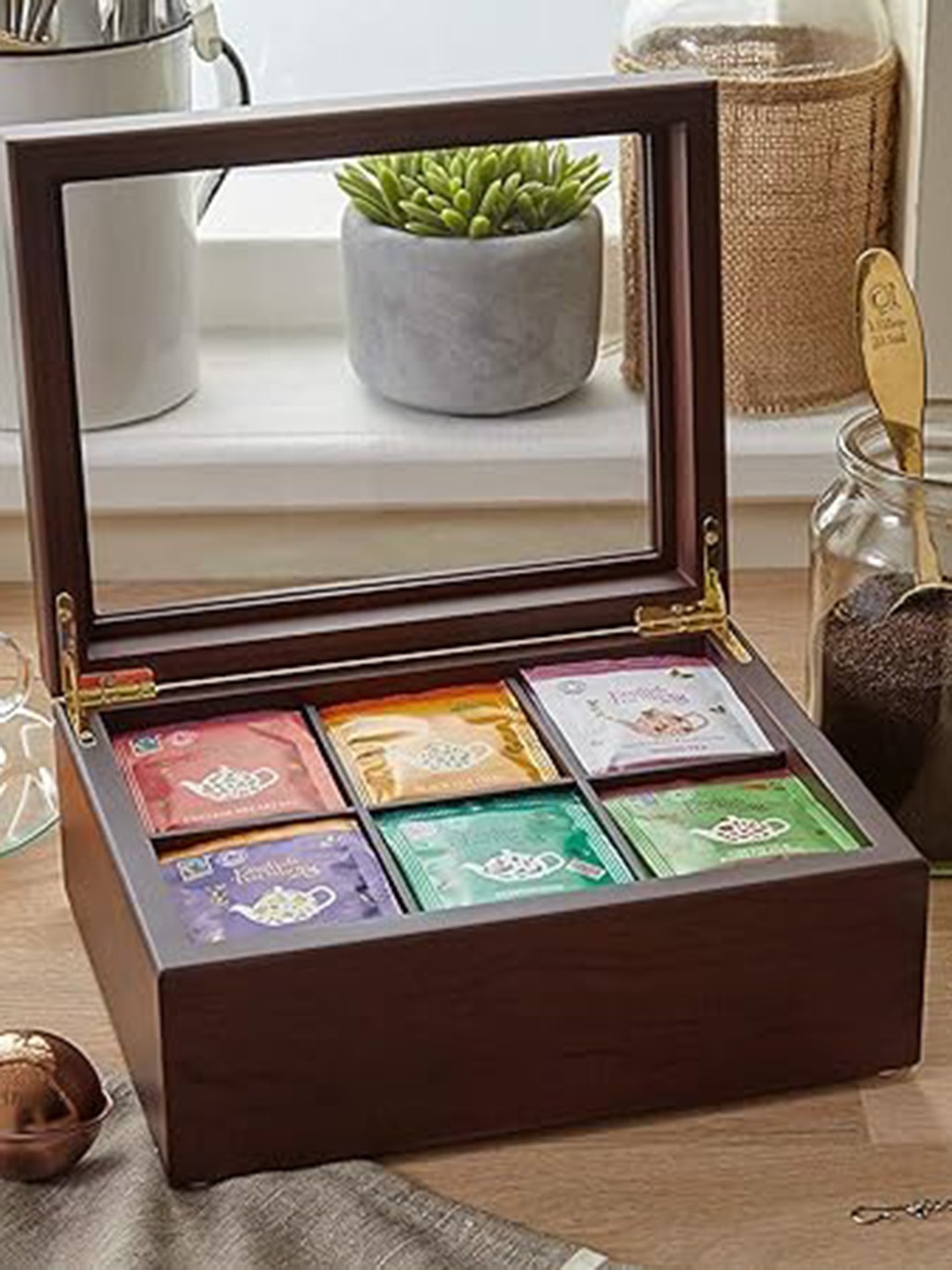 

WHITEWHALE Brown Wooden 6 Adjustable Compartment Tea Bags Container