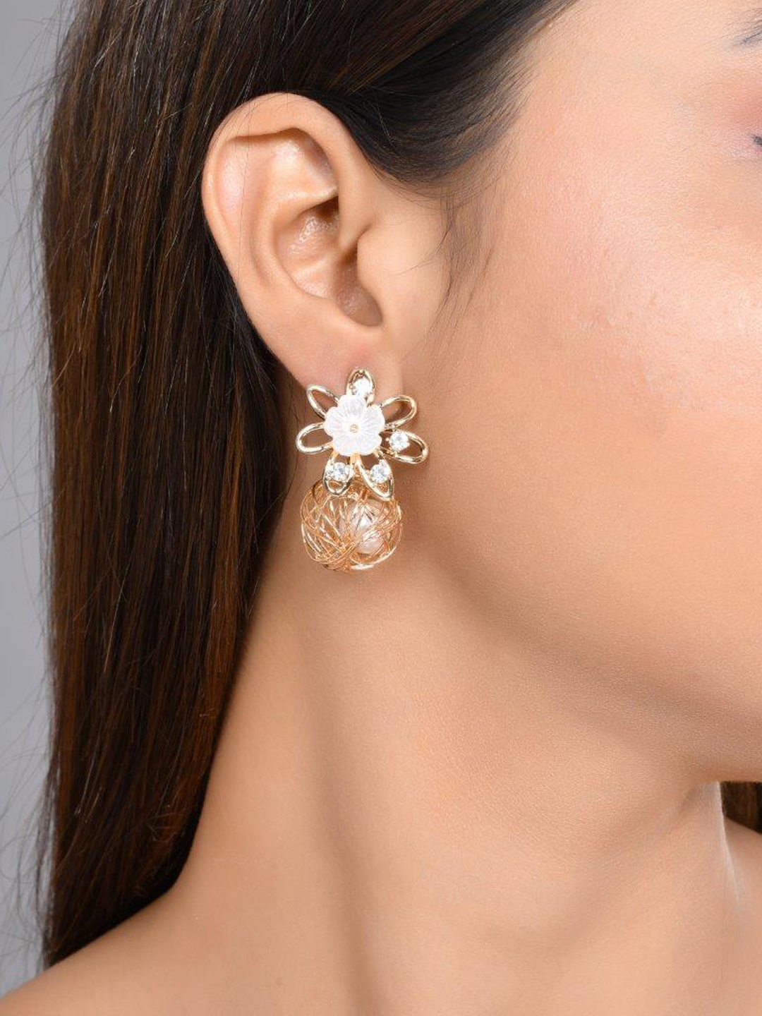 

VOJ Gold-Plated Floral Stone-Studded Drop Earrings