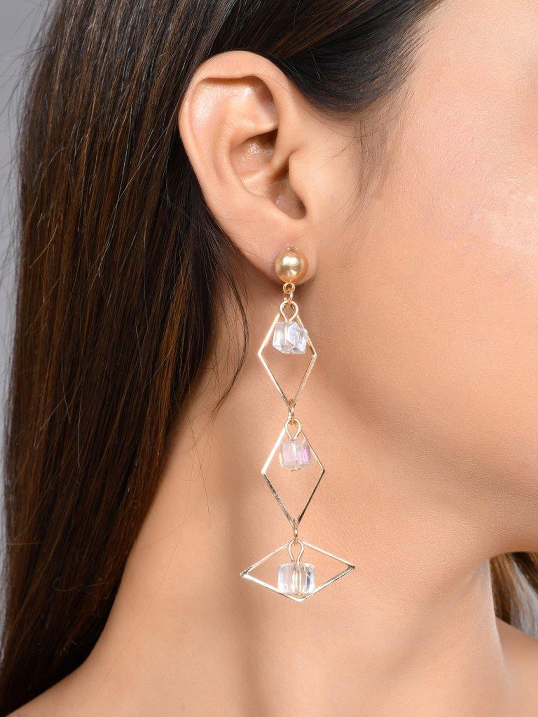 

VOJ Gold-Plated Stone-Studded Geometric Drop Earrings