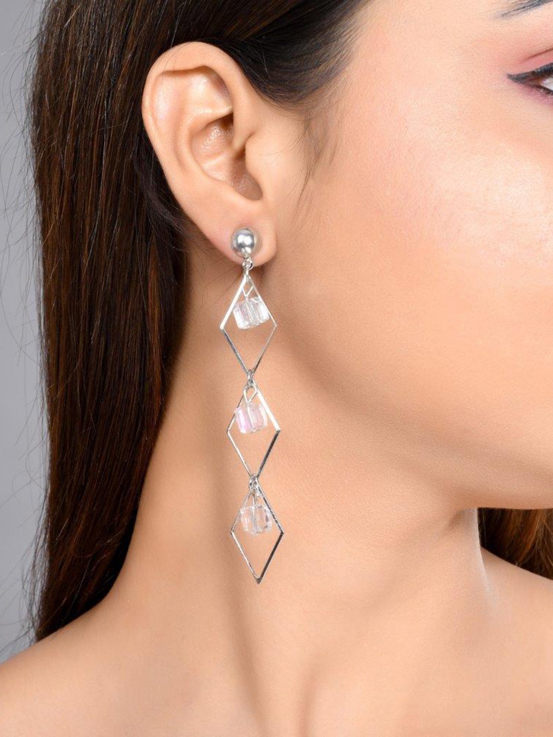 

VOJ Silver-Toned Stone-Studded Geometric Drop Earrings