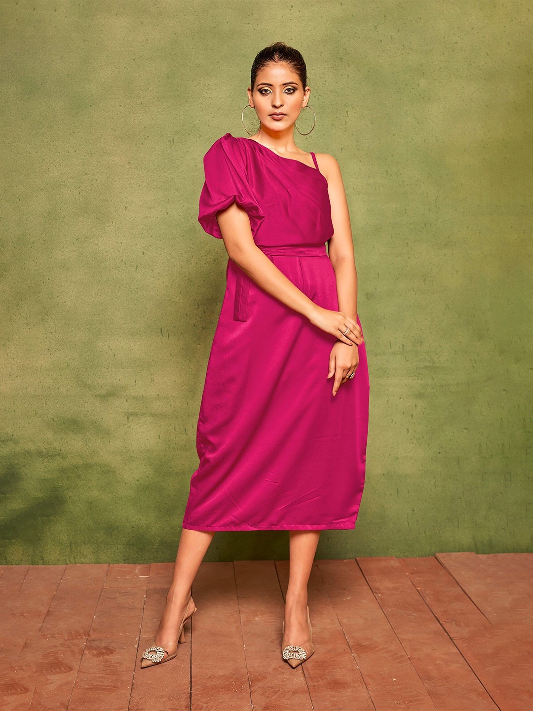 

Curvy Lane Plus Size Puff Sleeve One Shoulder Satin Bodycon Midi Dress, Pink