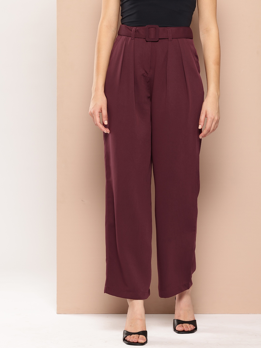 

Chemistry Women High-Rise Pleated Smart Casual Trousers with Belt, Maroon