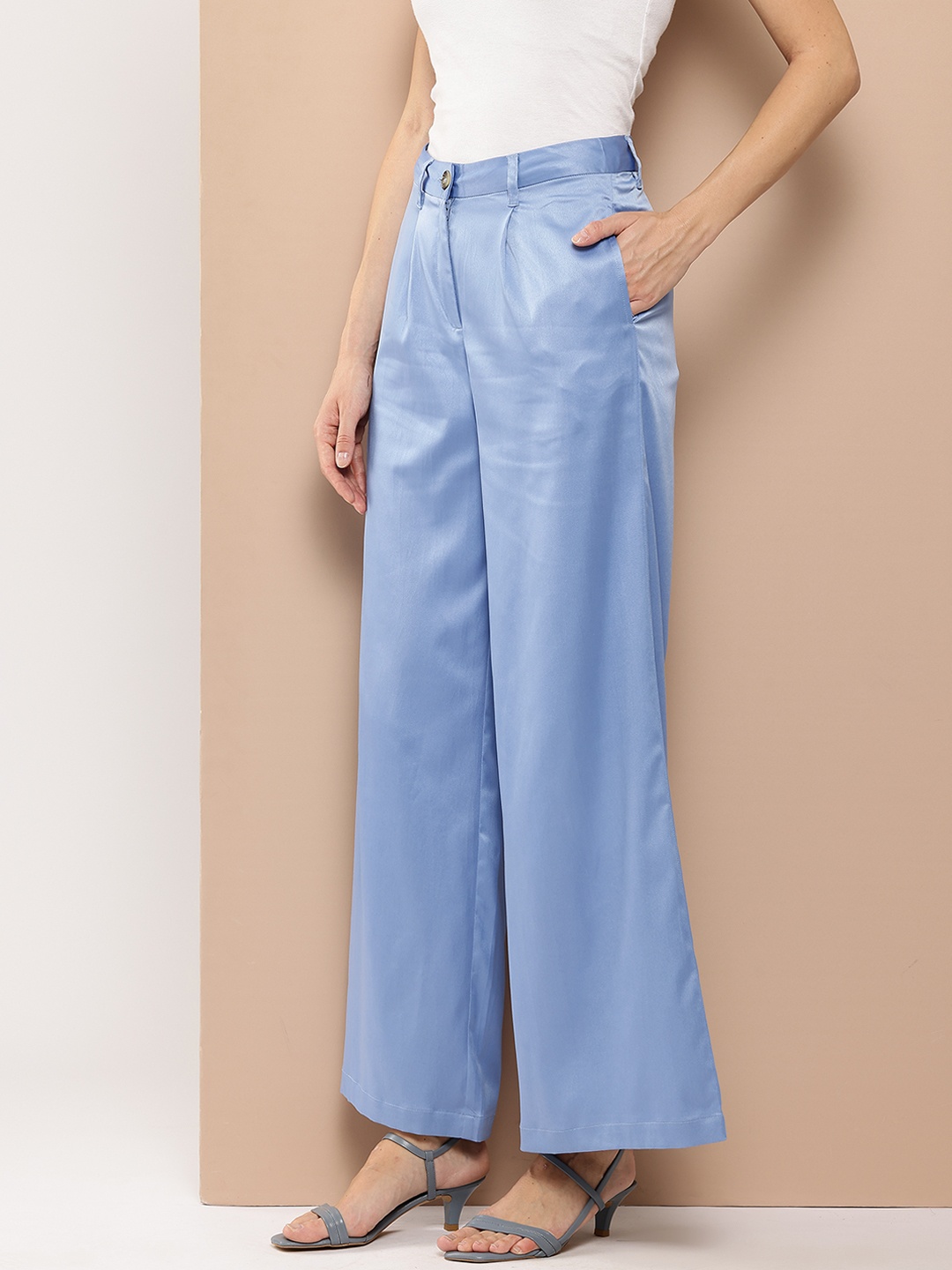 

Chemistry Women Satin Finish Wide Leg Trousers, Blue