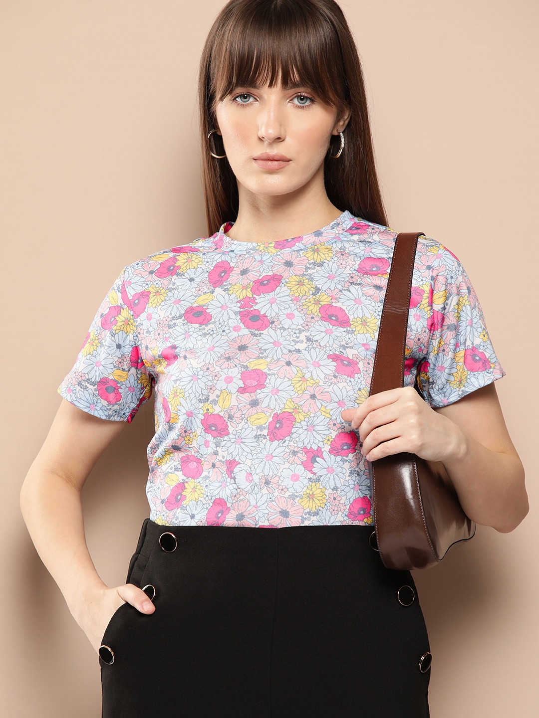 

her by invictus Women Floral Printed T-shirt, Pink