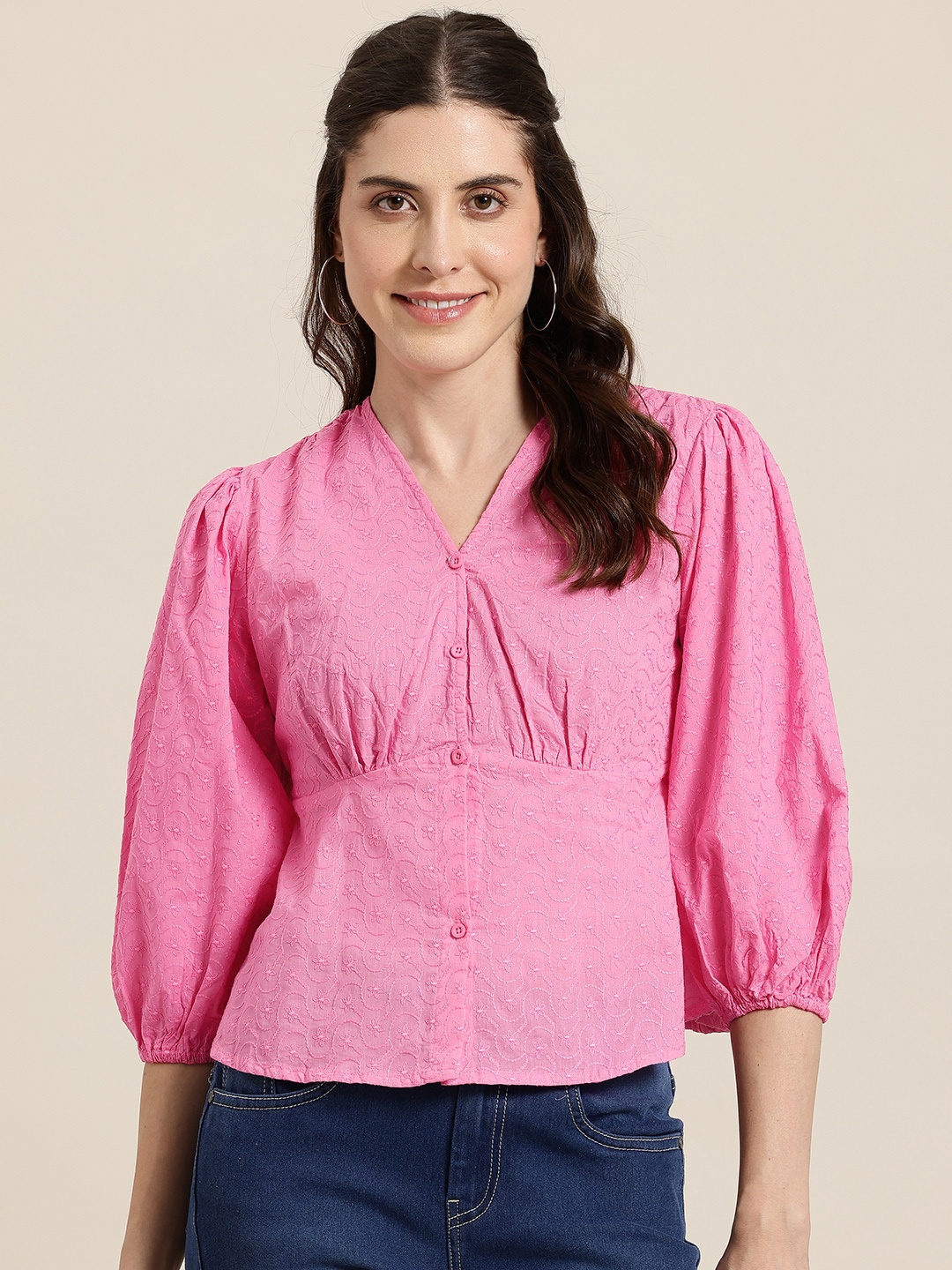 

HERE&NOW Floral Embroidered Puff Sleeve Top, Pink