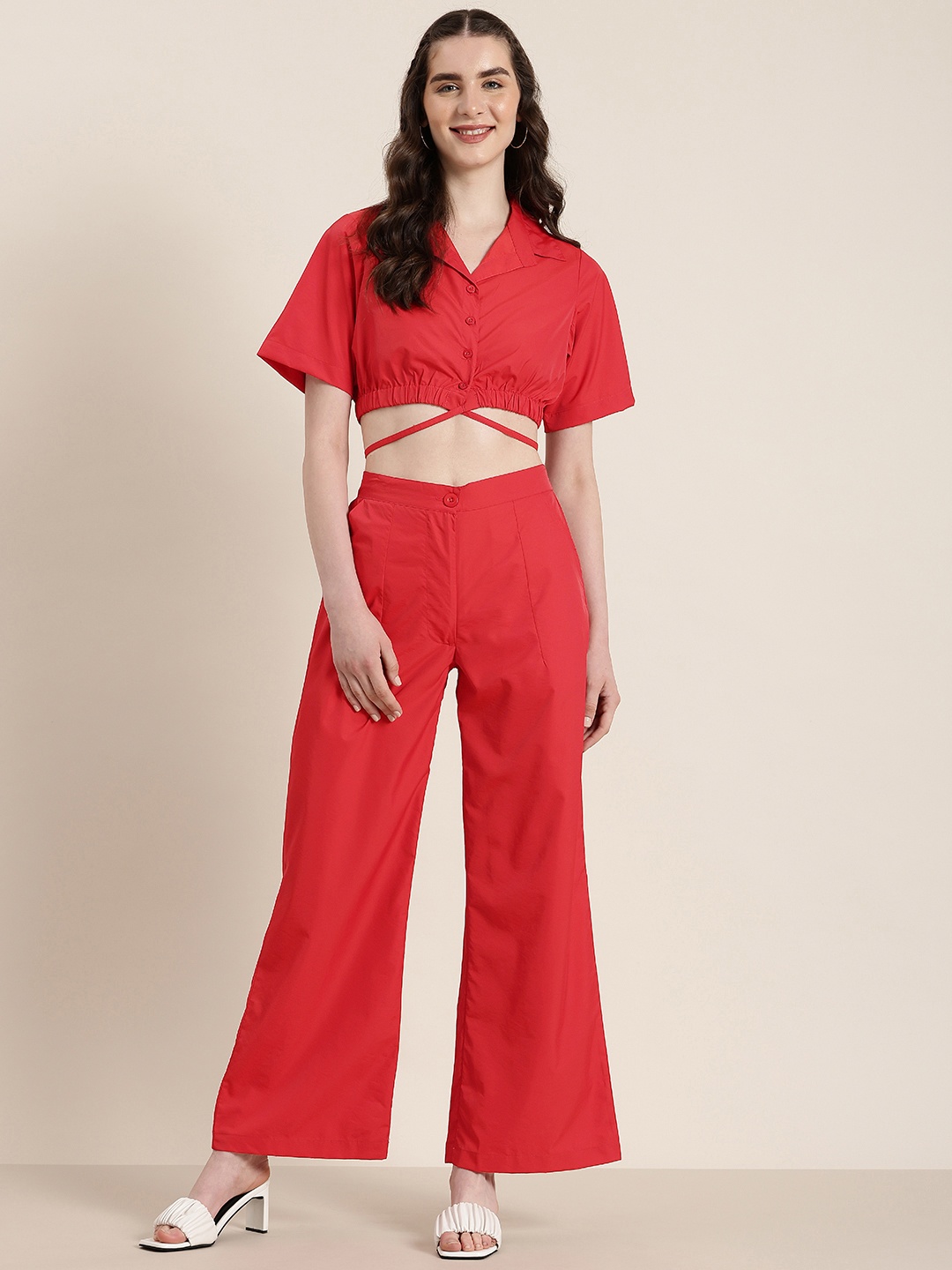 

HERE&NOW Women Shirt Style Crop Top With Trouser Co-Ords, Red