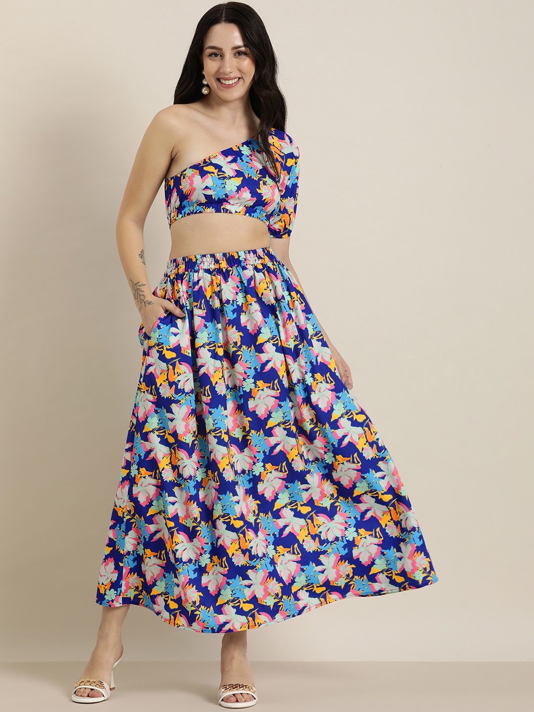 

HERE&NOW Floral Printed One Shoulder Top And Skirt, Blue