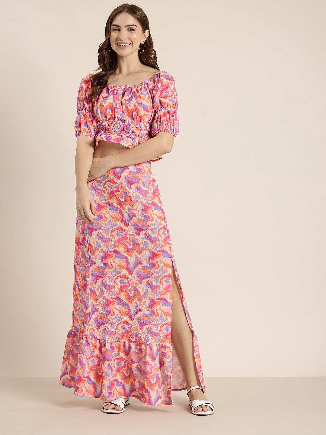 

HERE&NOW Printed Top With Maxi Skirt Co-Ords Set, Pink