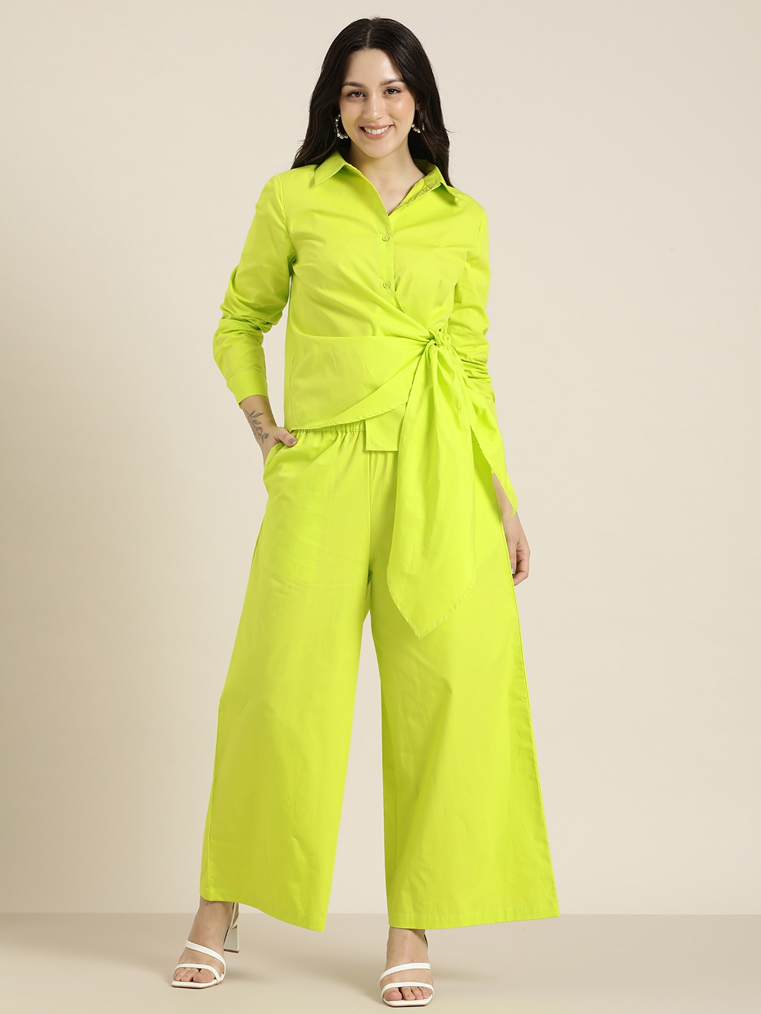 

HERE&NOW Women Pure Cotton Tie-Up Detailed Shirt With Trouser, Fluorescent green