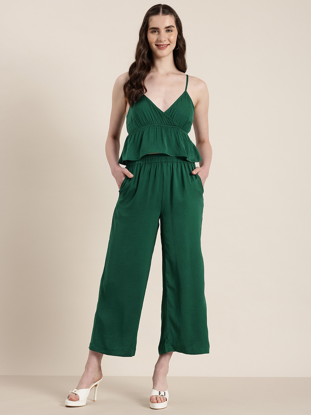 

HERE&NOW Women Peplum Crop Top With Trouser Co-Ords, Green