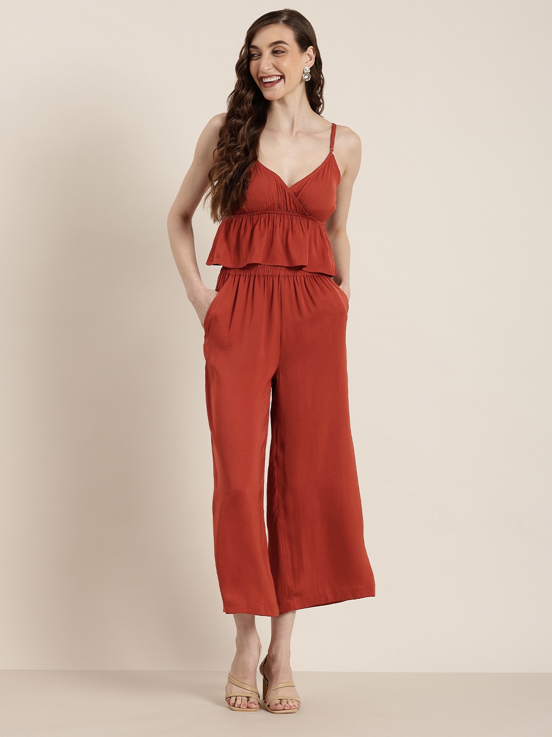 

HERE&NOW Women Peplum Crop Top With Trouser Co-Ords, Rust