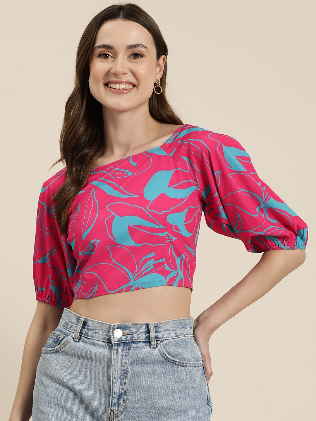

HERE&NOW Floral Print Back Tie-Up Crop Top, Pink