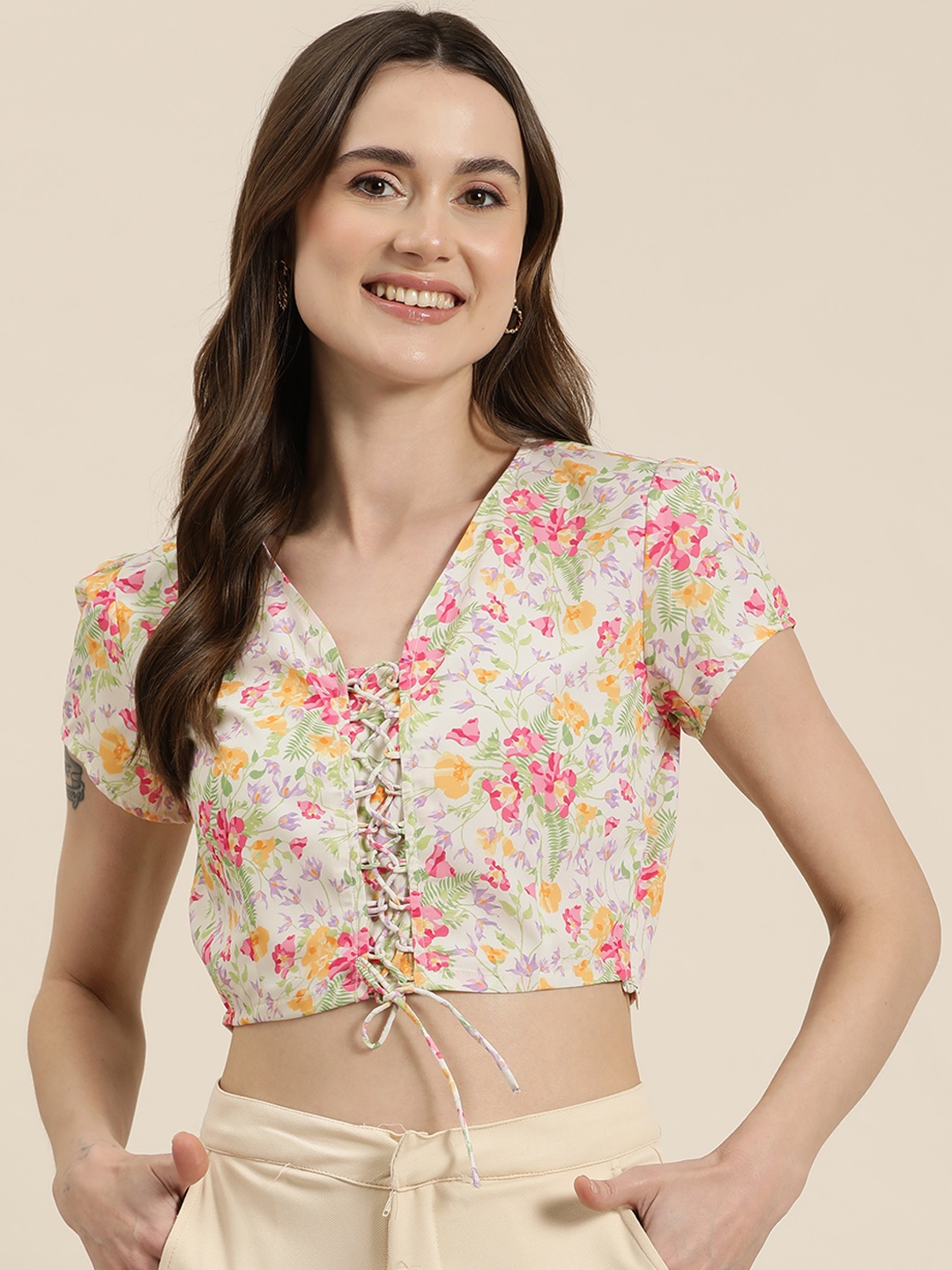 

HERE&NOW Floral Print Lace-Up Crop Top, Cream