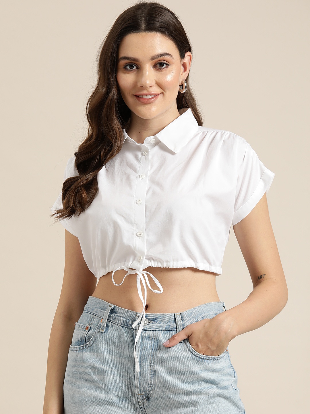 

HERE&NOW Extended Sleeves Tie-Up Pure Cotton Shirt Style Crop Top, White