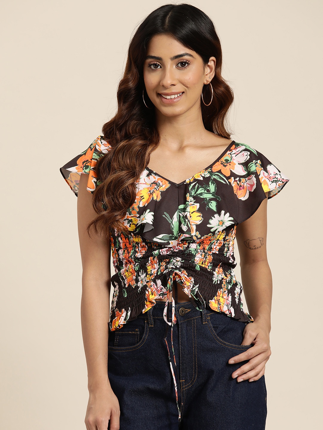 

HERE&NOW Floral Print Flutter Sleeves Smocked Drawstring Top, Black