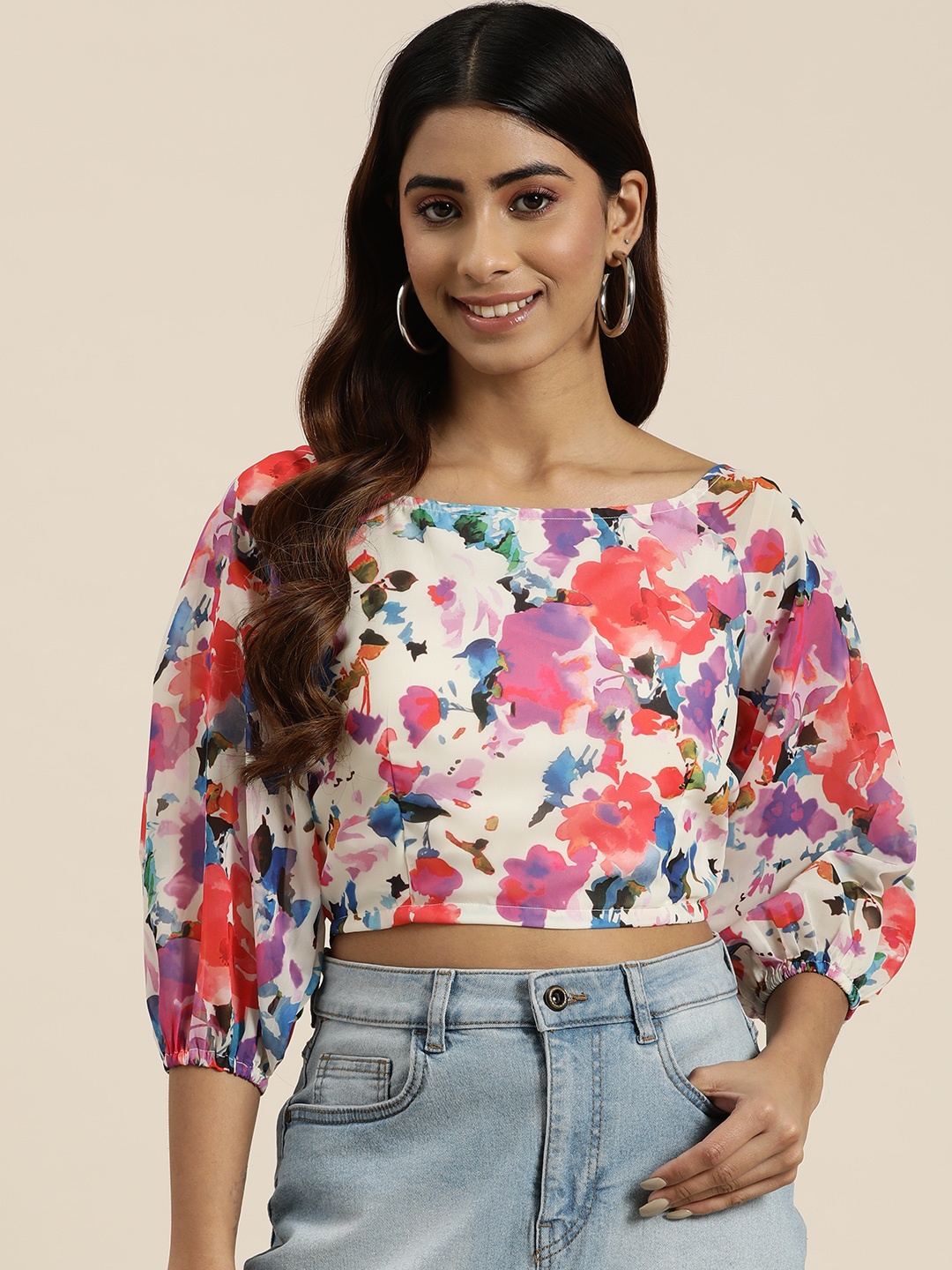 

HERE&NOW Floral Print Back Tie-Up Crop Top, Multi