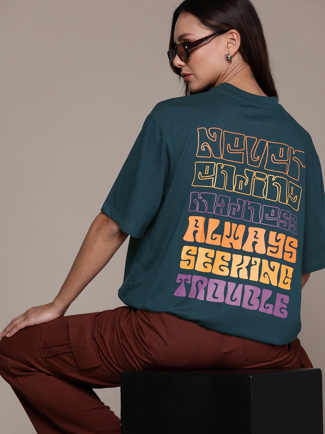 

The Roadster Lifestyle Co. Printed Drop-Shoulder Sleeves Oversized T-shirt, Teal
