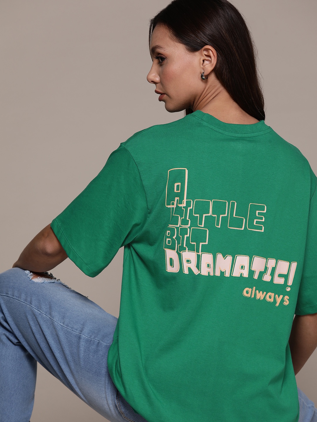 

The Roadster Lifestyle Co. Printed Drop-Shoulder Sleeves Oversized T-shirt, Green