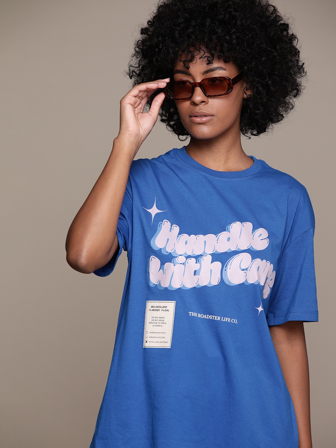 The Roadster Lifestyle Co. Women Typography Printed Oversized T-shirt, Blue