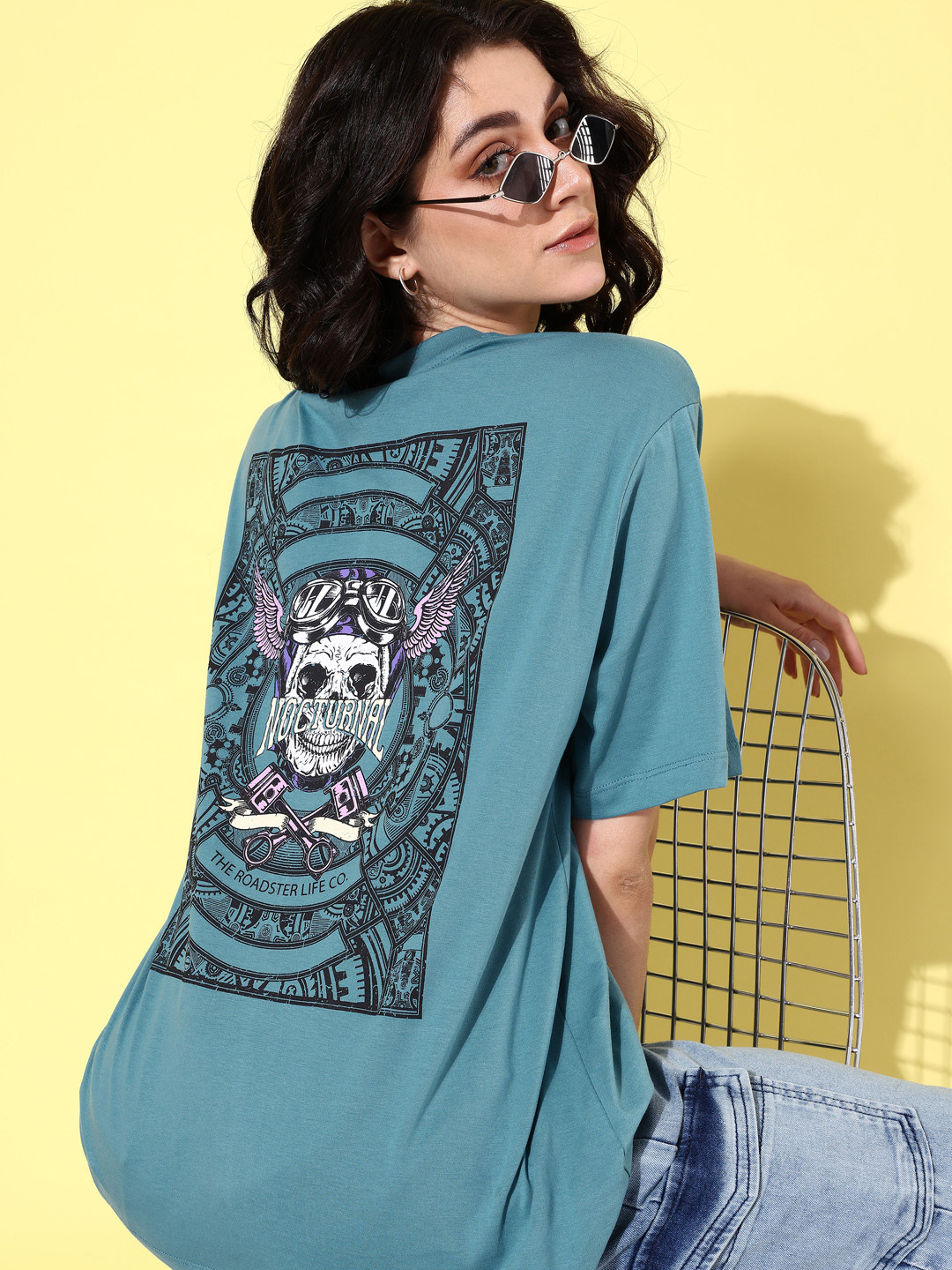 

The Roadster Life Co. Printed Drop-Shoulder Sleeves Oversized T-shirt, Teal