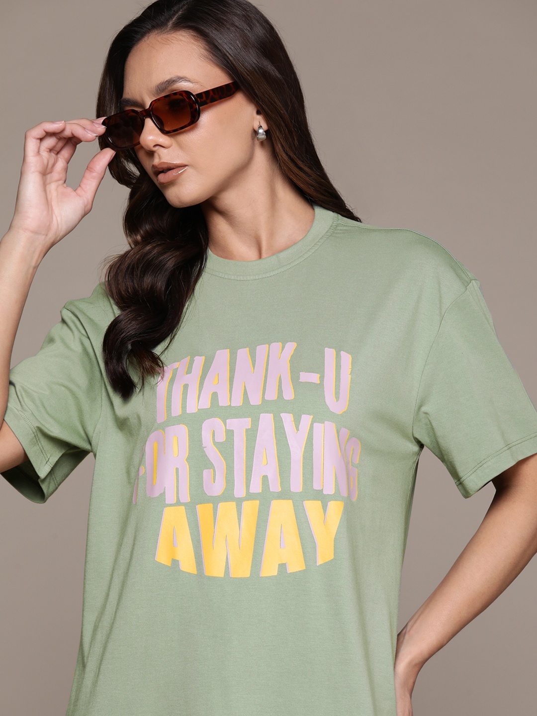 

The Roadster Lifestyle Co. Printed Drop-Shoulder Sleeves Oversized T-shirt, Green