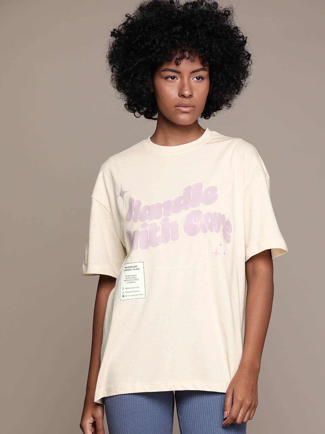 

The Roadster Lifestyle Co. Typography Printed Drop-Shoulder Oversized Longline T-shirt, Cream