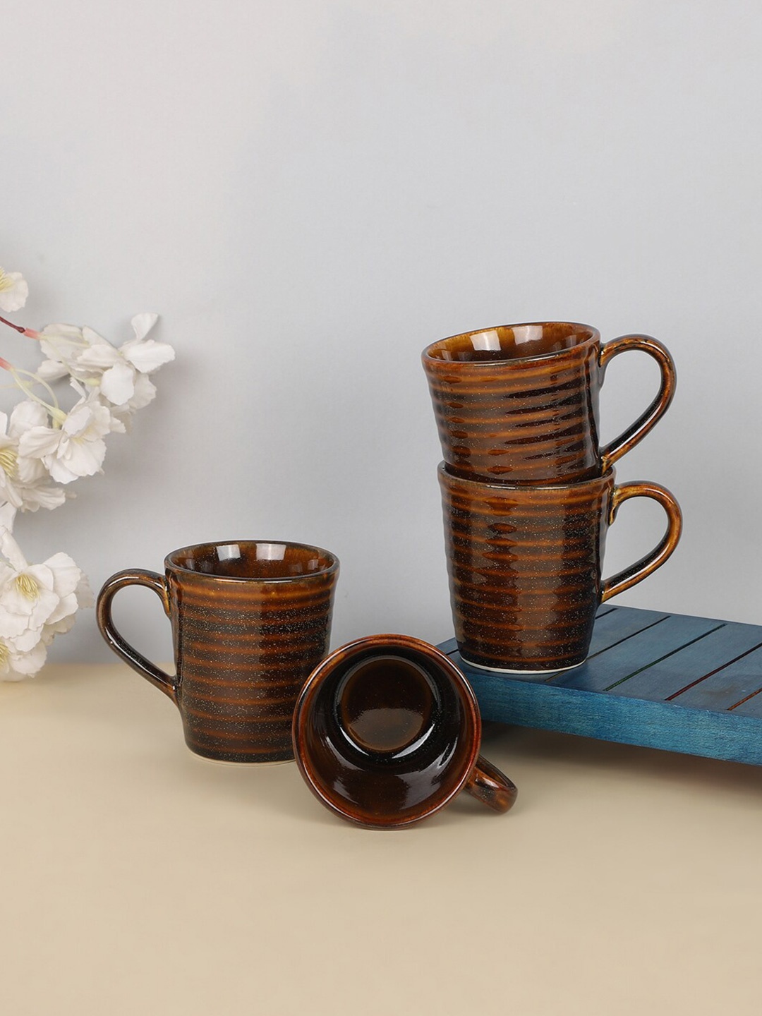 

DESIGN GAATHA Brown 4 Pieces Textured Ceramic Glossy Mugs 260 ml Each