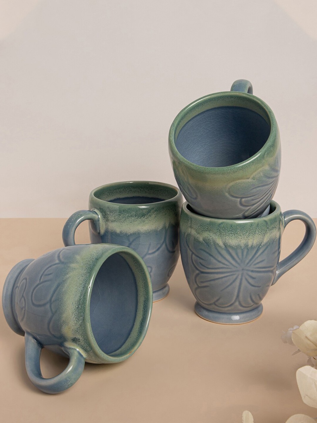 

DESIGN GAATHA Blue 4 Pieces Textured Ceramic Glossy Mugs 300 ml Each