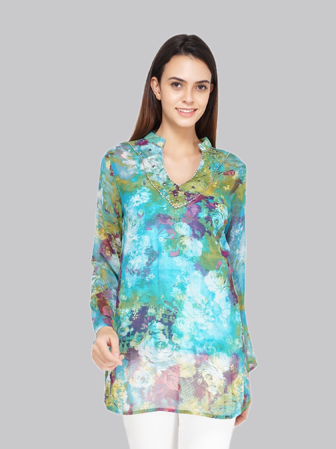 

TSM Floral Printed Mandarin Collar Beads Detail Semi Sheer Georgette Kurti, Green