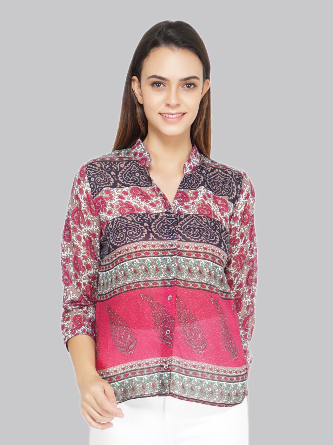 

TSM Floral Printed Mandarin Collar Shirt Style Top, Pink