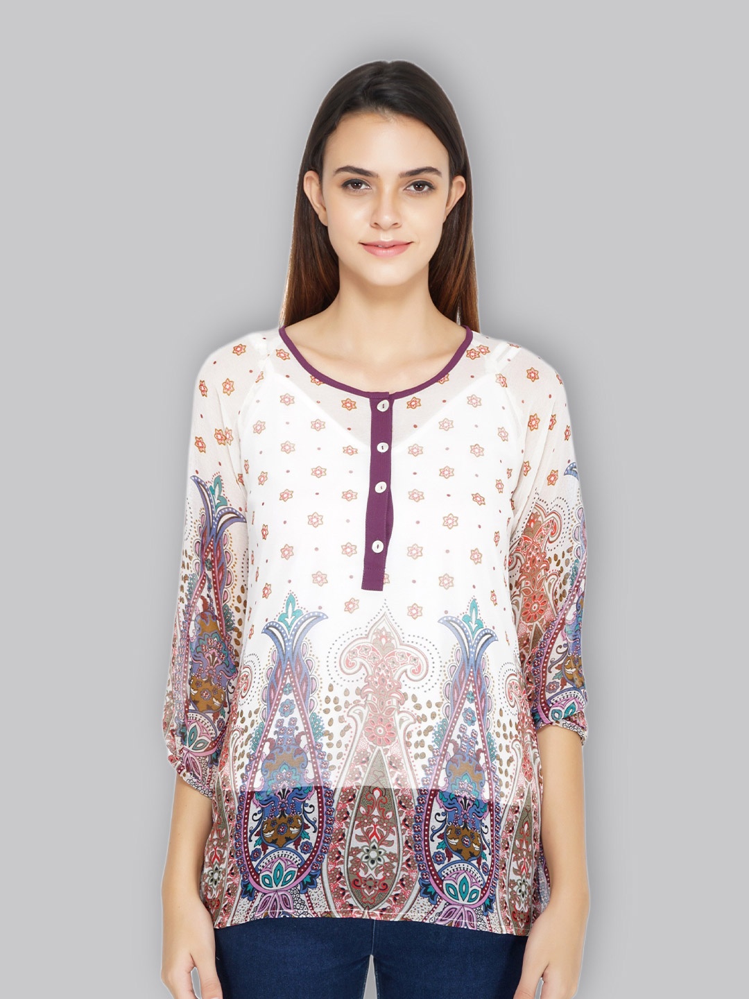 TSM Ethnic Motifs Printed Round Neck Semi Sheer Georgette Top, White